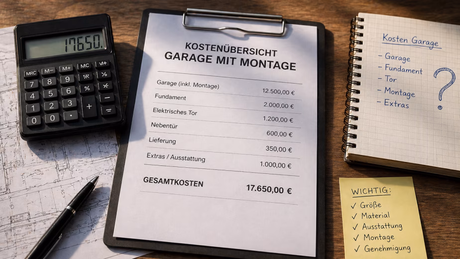 Kostenübersicht für Garage mit Montage inklusive Planung, Fundament, Ausstattung und Gesamtkosten mit Taschenrechner und Bauunterlagen