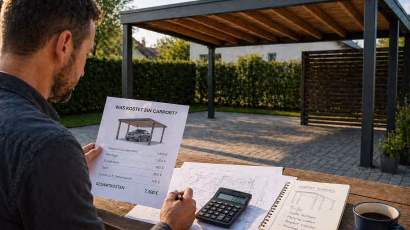 Mann berechnet Carport Kosten mit Beispiel für Preis, Fundament und Montage im Garten